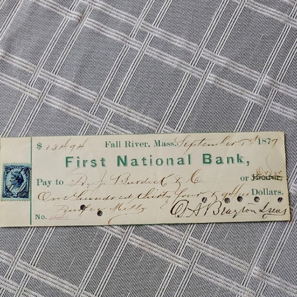 Vintage 1877 First National Bank Of Fall River, MA Check With Revenue Stamp